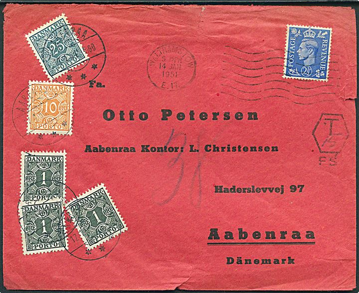2½d George VI på brev fra Walthamstow d. 14.1.1951 til Aabenraa, Danmark. Udtakseret i porto med 1 øre (3), 10 øre og 25 øre Portomærke stemplet Aabenraa d. 17.1.1951.
