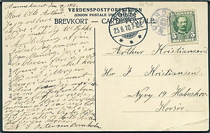 5 øre Fr. VIII på brevkort annulleret med stjernestempel NYBRO og sidestemplet Rønne d. 25.6.1910 til Korsør.