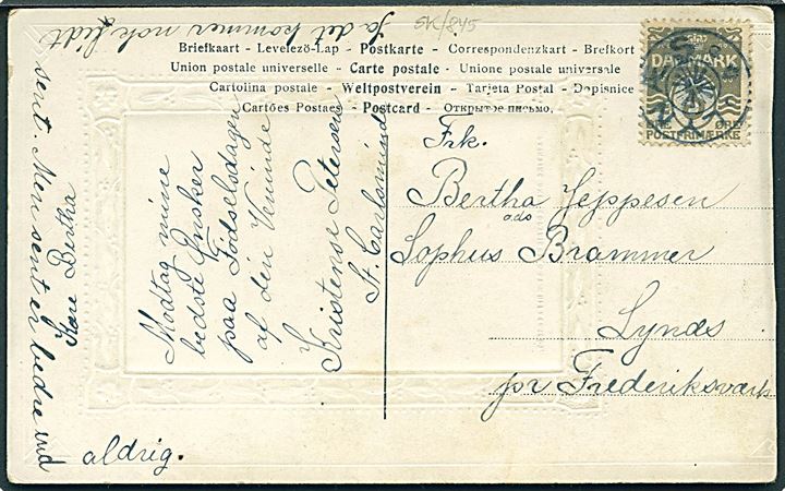 3 øre Bølgelinie på lokalt brevkort fra St. Carlsminde annulleret med stjernestempel LYNÆS til Lynæs pr. Frederiksværk.