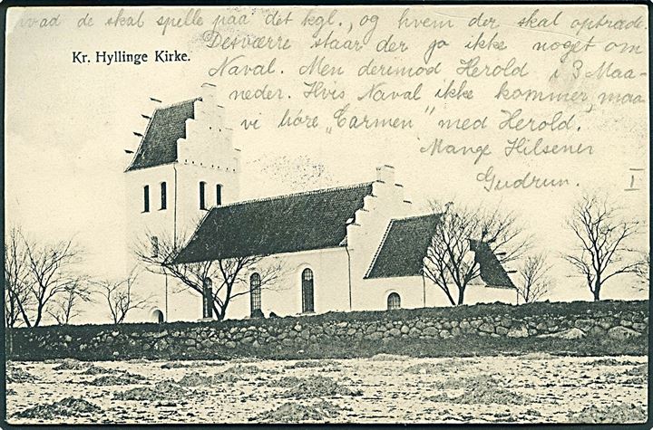 5 øre Chr. IX på brevkort (Kirke Hyllinge kirke) annulleret med stjernestempel LYNDBY (type 2) og sidestemplet Roskilde d. 7.8.1906 til Roskilde.