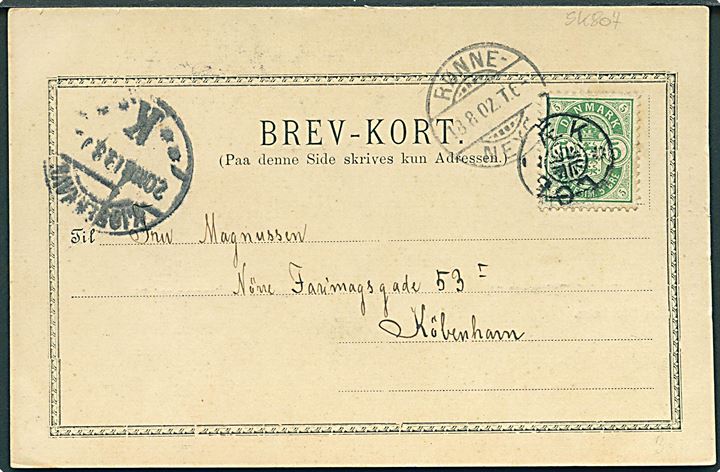 5 øre Våben på brevkort (Hotel Helligdommen, Rø) annulleret med stjernestempel LOBBÆK og sidestemplet bureau Rønne - Nexø T.6 d. 18.8.1902 til København.