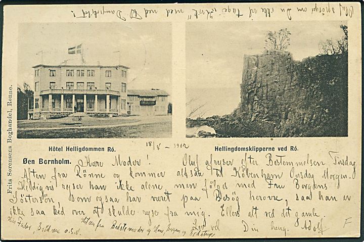 5 øre Våben på brevkort (Hotel Helligdommen, Rø) annulleret med stjernestempel LOBBÆK og sidestemplet bureau Rønne - Nexø T.6 d. 18.8.1902 til København.