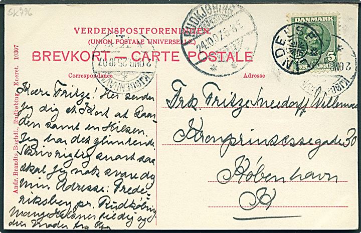 5 øre Fr. VIII på brevkort (Godset Frederiksberg, Langeland) annulleret med stjernestempel LINDELSE og sidestemplet Rudkjøbing d. 24.10.1907 til København.