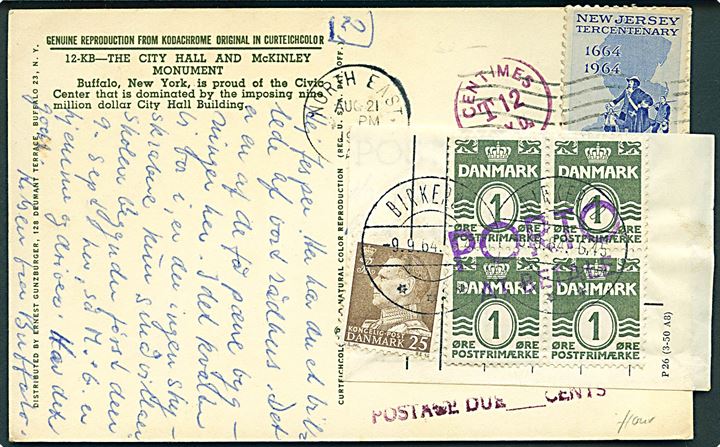 Amerikansk 5 cents på underfrankeret brevkort stemplet North East d. 21.8.1964 til Birkerød, Danmark. Udtakseret i porto med 1 øre Bølgelinie i fireblok og 25 øre Fr. IX anvendt som portomærke stemplet Birkerød d. 9.9.1964.
