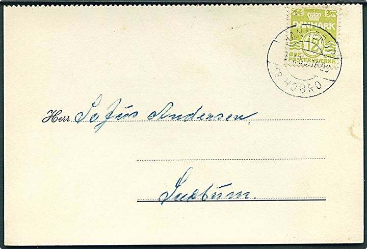 12 øre Bølgelinie på dobbelt tryksagskort annulleret med pr.-stempel Hannerup pr. Hobro d. 3.1.1953 til Snæbum.