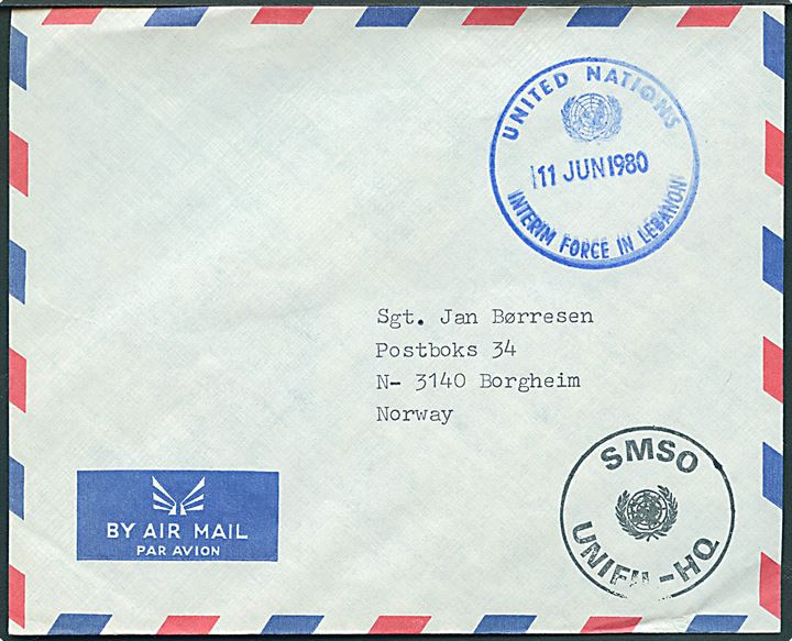 Ufrankeret luftpostbrev stemplet United Nations Interim Force in Lebanon d. 11.6.1980 til Borgheim, Norge. Sidestemplet SMSO UNIFIL-HQ.