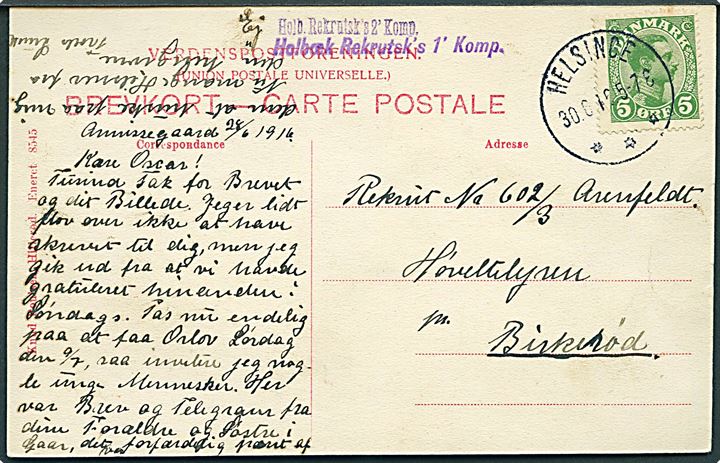 5 øre Chr. X på brevkort fra Helsinge d. 30.6.1916 til rekrut i Høveltelejren pr. Birkerød. Forespurgt med 2 stempler: Holb. Rekrutsk's 2' Komp. og Holbæk Rekrutsk's 1' Komp..