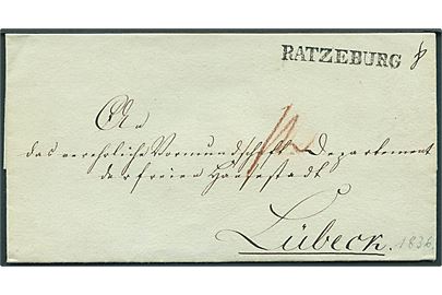 1836. Brev med laksegl Stintenburger Gerichts Siegel med liniestempel RATZEBURG noteret 1836 til Lübeck.