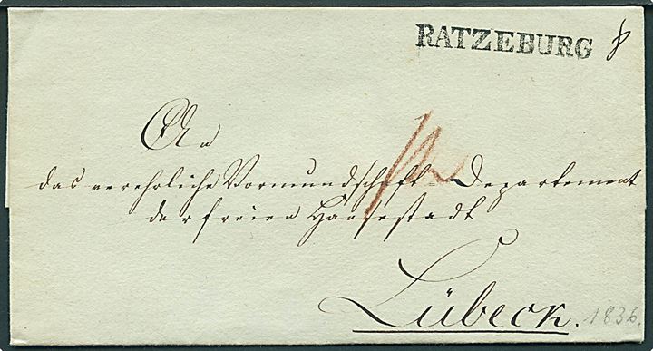 1836. Brev med laksegl Stintenburger Gerichts Siegel med liniestempel RATZEBURG noteret 1836 til Lübeck.