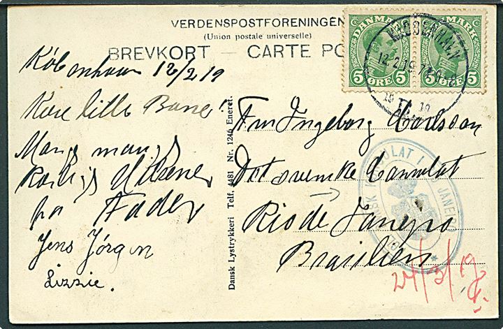 5 øre Chr. X i parstykke på brevkort fra Kjøbenhavn d. 12.2.1919 til danske konsulat i Rio de Janeiro, Brasilien. Ank.stemplet med ovalt konsulatstempel.