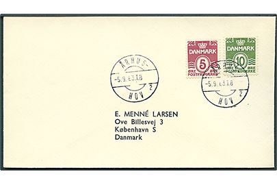 5 øre og 10 øre Bølgelinie på tryksag annulleret med vanskeligt bureaustempel Århus - Hov sn2 T.8 d. 5.9.1963 til København.