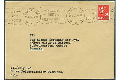 25 øre Løve på brev fra III/Brig501, Norske Feltpostkontor i Tyskland annulleret Tyskland-Oslo Norsk Feltpostkontor d. 15.3.1950 til den norske forening for Fyn i Odense, Danmark.