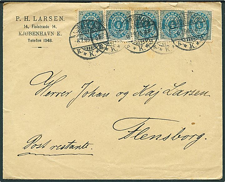 4 øre Tofarvet ret og omv. rm. (5) på brev fra Kjøbenhavn d. 6.7.1899 til poste restante i Flensburg, Tyskland.