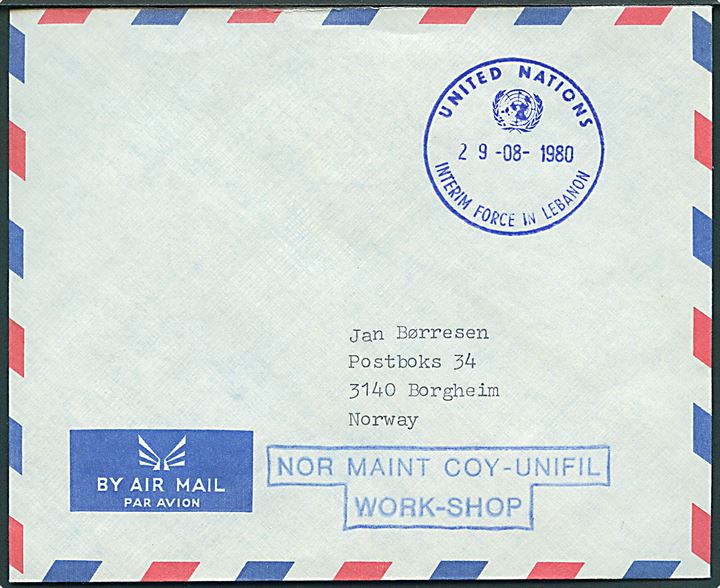 Ufrankeret luftpostbrev stemplet UNITED NATIONS INTERIM FORCE IN LEBANON d. 29.8.1980 og sidestemplet NOR MAINT COY - UNIFIL / WORK-SHOP til Borgheim, Norge.