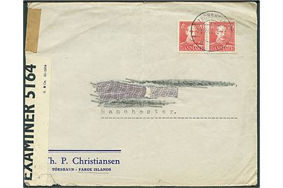20 øre Chr. X i parstykke på brev fra Thorshavn d. 21.7.1943 til Manchester, England. Åbnet af britisk censur PC90/5164. Modtager adresse bortklippet.