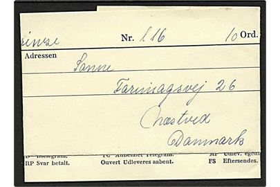 Telegramformular med meddelelse fra Firenze d. 17.1.1937 til Næstved.