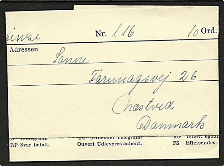 Telegramformular med meddelelse fra Firenze d. 17.1.1937 til Næstved.