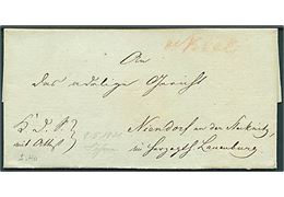 1831. Tjenestebrev påskrevet K.d.S. mit Attest dateret Kiel d. 9.5.1831 med rødt håndskrevet Kiel til Nieddorf i Lauenburg. På bagsiden laksegl: Det Lauenborgske Jæger Corps