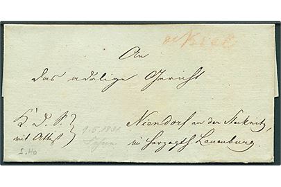 1831. Tjenestebrev påskrevet K.d.S. mit Attest dateret Kiel d. 9.5.1831 med rødt håndskrevet Kiel til Nieddorf i Lauenburg. På bagsiden laksegl: Det Lauenborgske Jæger Corps