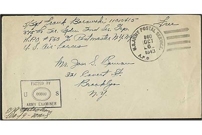 Amerikansk free mail brev stemplet U.S. Army Postal Service APO d. 6.10.1943 til USA. Fra 345th Service Squadron, 2nd Service Group, APO 860 = Reykjavik, Island. Unit censor no. 00800.