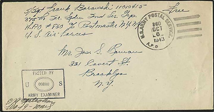 Amerikansk free mail brev stemplet U.S. Army Postal Service APO d. 6.10.1943 til USA. Fra 345th Service Squadron, 2nd Service Group, APO 860 = Reykjavik, Island. Unit censor no. 00800.