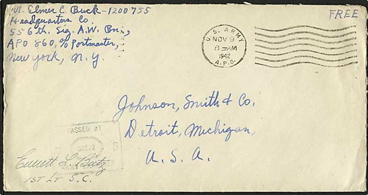 Amerikansk free mail brev stemplet U.S.Army APO d. 9.11.1942 til USA. Fra 556th Signal Air Warning Battalion APO 860 = Reykjavik, Island. Unit censor no. 00972.