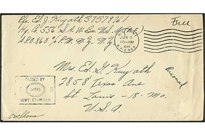 Amerikansk free mail brev stemplet U.S.Army APO 860 d. 6.6.1944 til USA. Fra 556th Signal Air Warning Battalion APO 860 = Reykjavik, Island. Unit censor no. 00693.