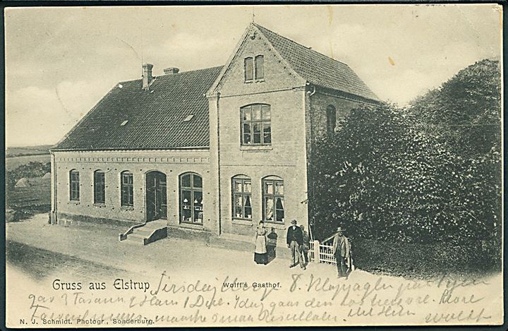 Hilsen fra Elstrup Wolff's Kro. N. J. Schmidt u/no. Frankeret med 10 pfg. Germania stemplet Guderup d. 1.11.1904 til Hellerup, Danmark.