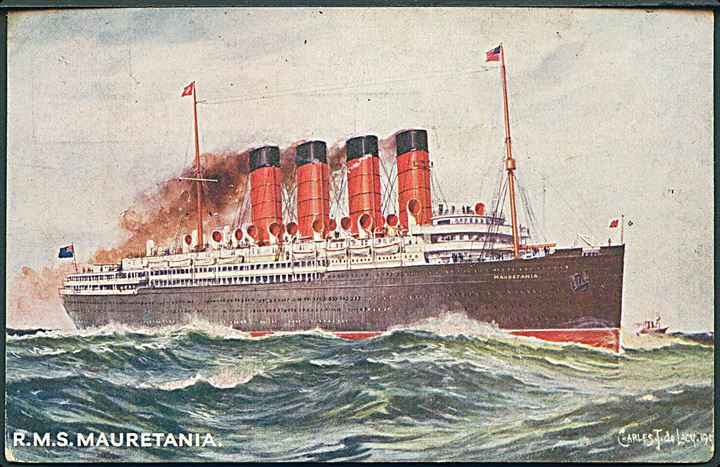 R. M. S. Mauretania. State Publishing no. 1. Frankeret med 1d Edward VII annulleret med skibsstempel Paquebot Liverpool d. 22.6.1909 til København.