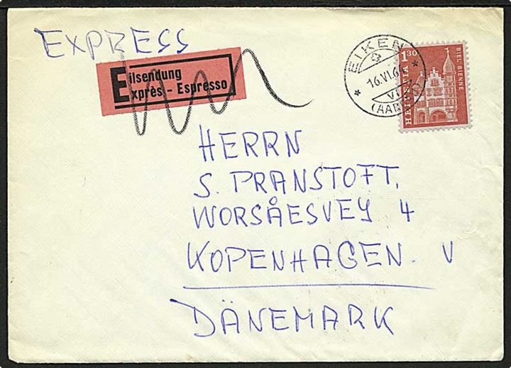 1,30 fr. single på ekspresbrev fra Eiken d. 16.6.1964 til København.