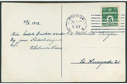 5 øre Bølgelinie på lokalt brevkort (Rådhuspladsen) annulleret med Universal forsøgs-maskinstempel Kjøbenhavn KKB. d. 29.8.1912. Anvendt en af de sidste dage i 2. testperiode 30.7.-31.8.1912.