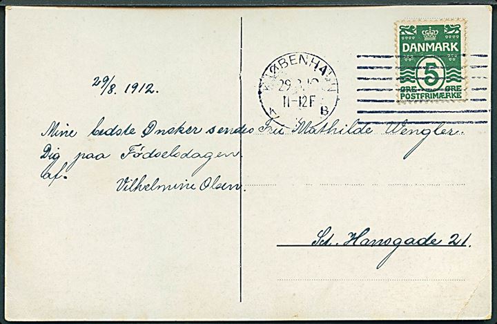 5 øre Bølgelinie på lokalt brevkort (Rådhuspladsen) annulleret med Universal forsøgs-maskinstempel Kjøbenhavn KKB. d. 29.8.1912. Anvendt en af de sidste dage i 2. testperiode 30.7.-31.8.1912.