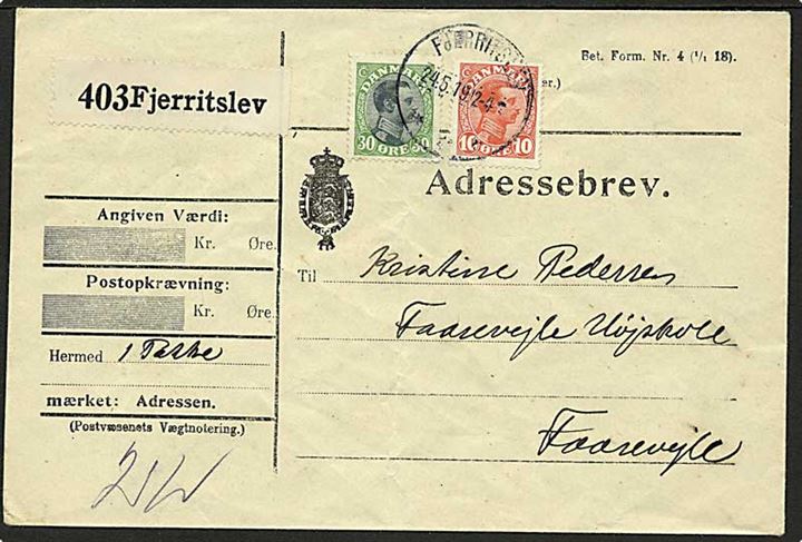 10 øre og 30 øre Chr. X på adressebrev for pakke fra Fjerritslev d. 24.5.1919 til Faarevejle St.