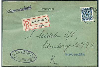 30 øre Frimærkejubilæum med perfin C.K.H. på anbefalet Consignee brev fra Leith, Scotland via rederiet C. K. Hansen stemplet Kjøbenhavn 5 d. 3.5.1926 til København.