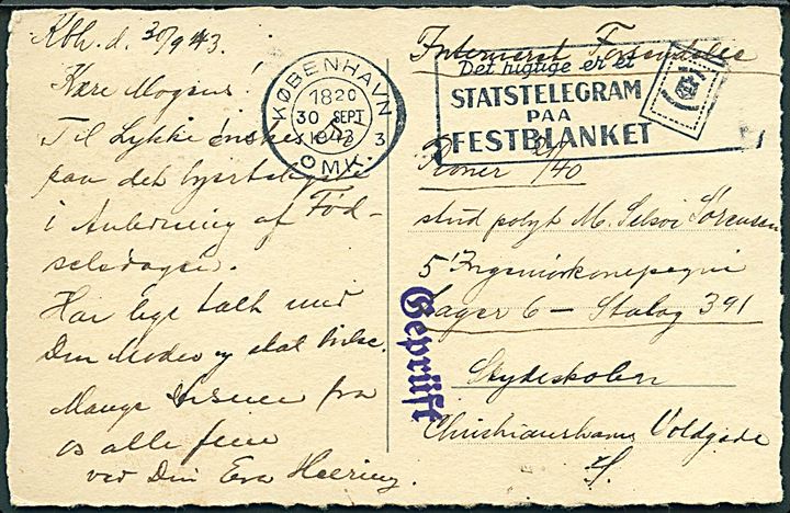 Ufrankeret interneret brevkort fra København d. 30.9.1943 til interneret soldat ved 5. Ingeniørkompagni. Lejr 6 (= Næstved) - Stalag 391, Skydekolen, Christianshavn, Kbh. S. Mørk violet Stalag-censur Geprüft.