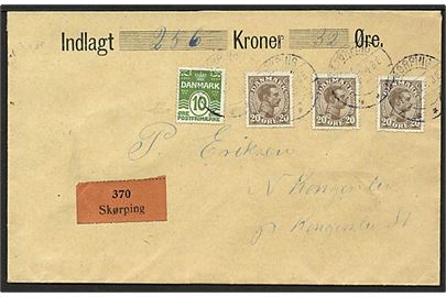 10 øre Bølgelinie og 20 Chr. X (3) på værdibrev fra Skørping d. 5.4.1922 til Kongerslev