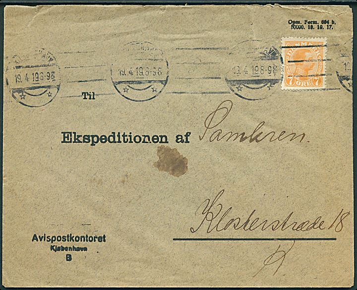 7 øre Chr. X single på fortrykt kuvert fra Avispostkontoret sendt lokalt i Kjøbenhavn d. 19.4.1919.