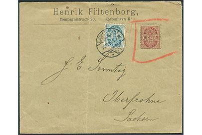 10 øre og 20 øre Våben på overfrankeret brev fra Kjøbenhavn d. 10.10.1898 til Oberfrohna, Tyskland. 10 øre mærke sat til modtagerens disposition. 