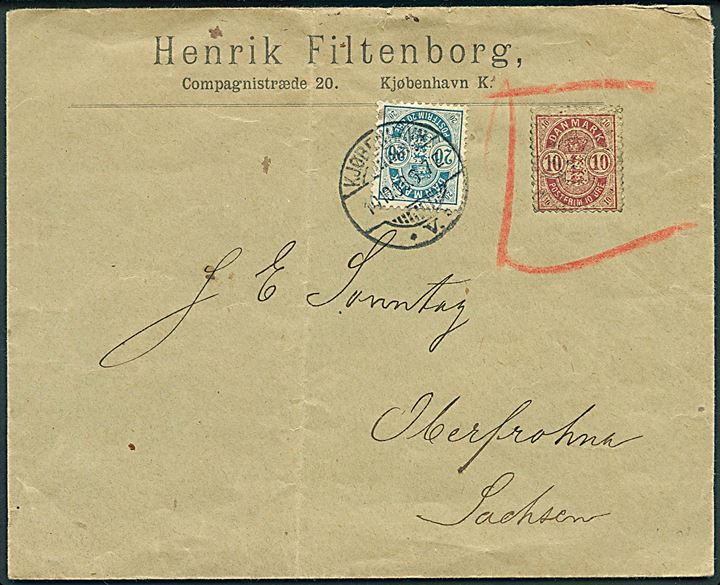 10 øre og 20 øre Våben på overfrankeret brev fra Kjøbenhavn d. 10.10.1898 til Oberfrohna, Tyskland. 10 øre mærke sat til modtagerens disposition. 