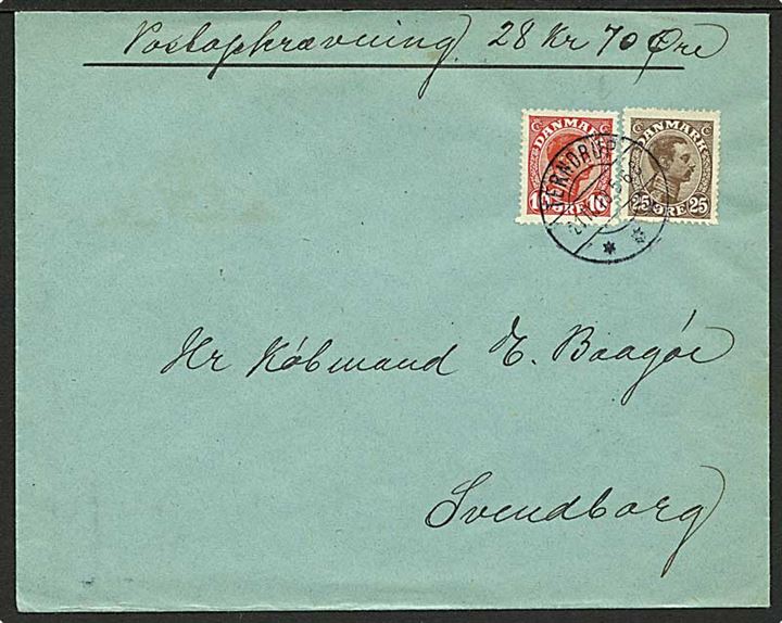 10 øre og 25 øre Chr. X på brev med postopkrævning fra Terndrup d. 21.11.1918 til Svendborg.