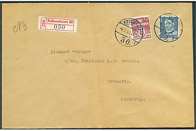 5 øre Bølgelinie og 50 øre Fr. IX på lokalt anbefalet brev i København d. 6.2.1952 til Glostrup.