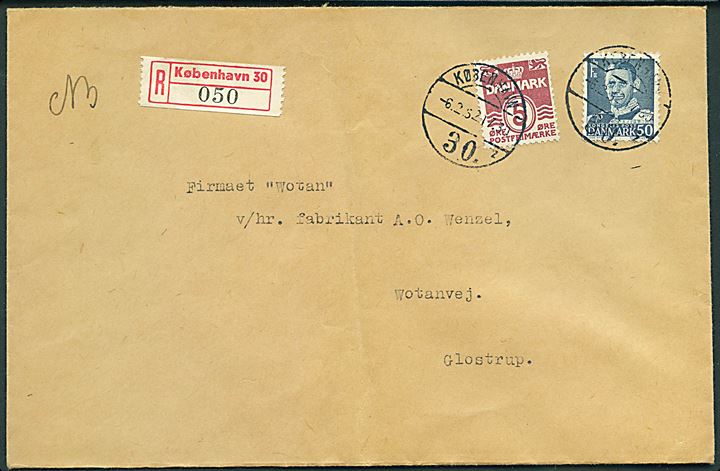 5 øre Bølgelinie og 50 øre Fr. IX på lokalt anbefalet brev i København d. 6.2.1952 til Glostrup.
