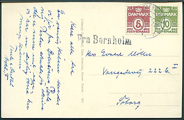5 øre og 10 øre Bølgelinie på brevkort (Christiansø) annulleret København d. 16.8.1951 og sidestemplet Fra Bornholm til Søborg.