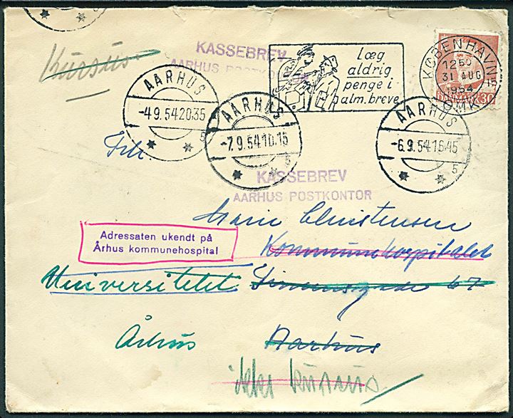30 øre Fr. IX på brev fra København d. 31.8.1954 til Aarhus. Eftersendt med flere stempler - bl.a. Kassebrev / Aarhus Postkontor og Adressaten ukendt på Århus kommunehospital.