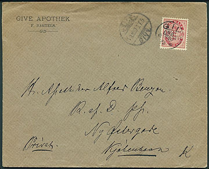 10 øre Våben på brev annulleret med stjernestempel GIVE og sidestemplet bureau Veile - Give T.5 d. 18.10.1903 til Kjøbenhavn.