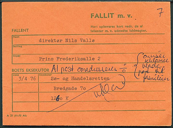 Fallit m.v. A25 (11-70 A6) særlig kuvert til opbevaring af kort vedr. de af fallenter m.v. udstedte fuldmagter. Anvendt i København 1976. 