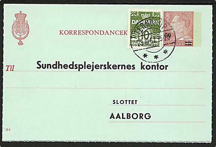 50/35 øre provisorisk helsagskorrespondancekort (fabr. 114) opfrankeret med 10 øre Bølgelinie fra Terndrup d. 23.10.1967 til Aalborg. Skilling L.