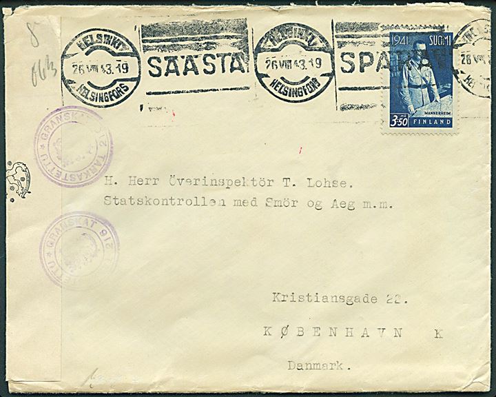 3,50 mk. Mannerheim på brev fra Helsingfors d. 26.8.1943 til København, Danmark. Åbnet af både finsk og dansk censur.