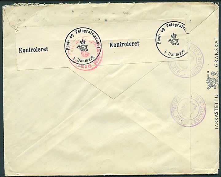 3,50 mk. Mannerheim på brev fra Helsingfors d. 26.8.1943 til København, Danmark. Åbnet af både finsk og dansk censur.