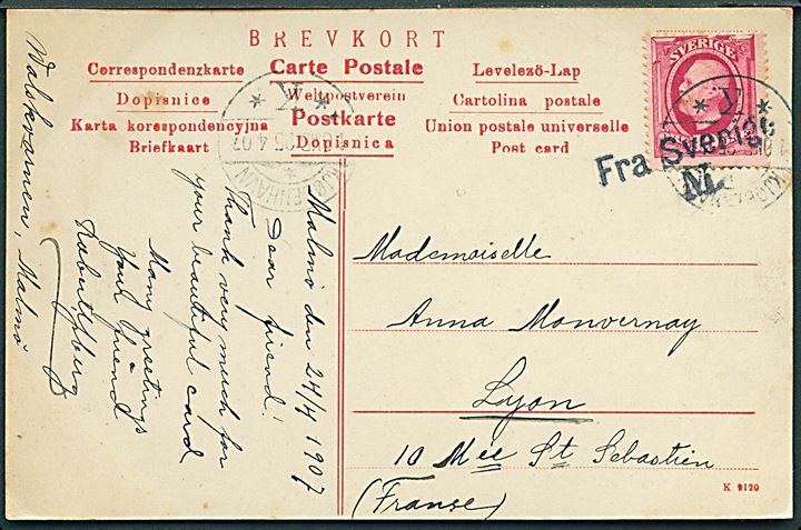 10 öre Oscar II på brevkort (Regementsgatan, Malmö) annulleret med skibsstempel Fra Sverige M. og sidestemplet Kjøbenhavn d. 25.4.1907 til Lyon, Frankrig.